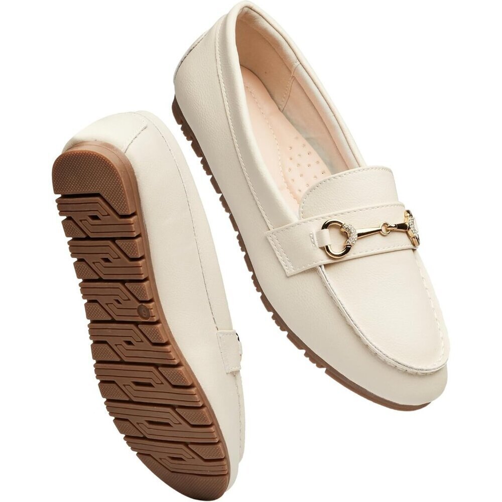 Women's Beige pu Faux Leather Arch Support Casual Slip on Comfort Penny Loafers
